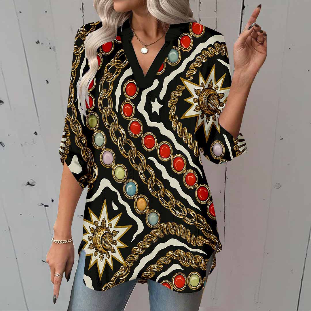 Women Chain, Black, Red DZGA0118 3/4 Sleeve V-neck Printed Graphic Button Tops