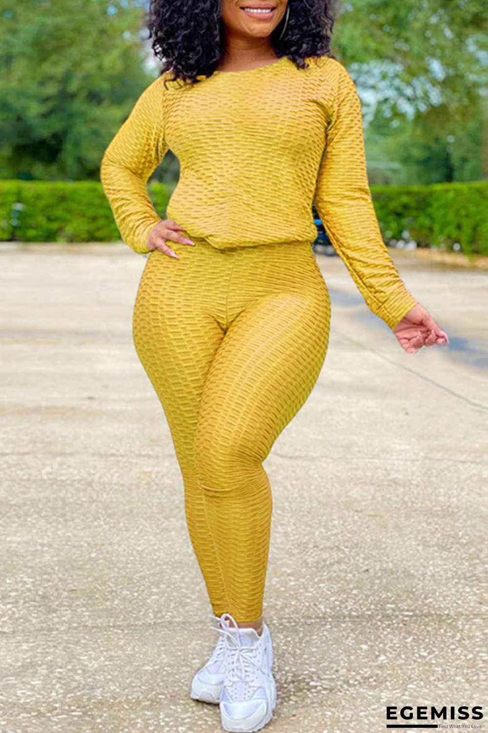 Yellow Casual Solid O Neck Long Sleeve Two Pieces | EGEMISS