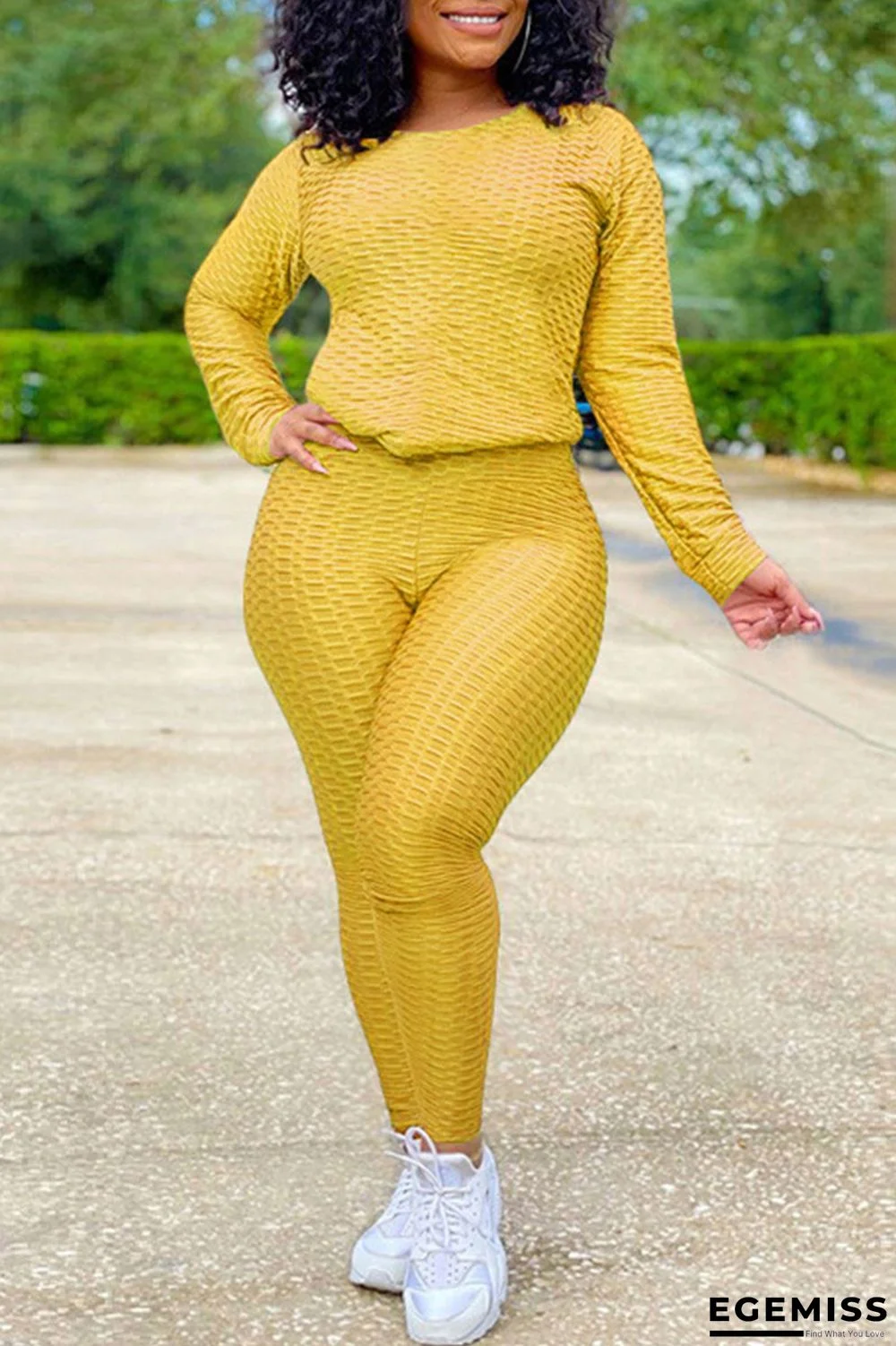 Yellow Casual Solid O Neck Long Sleeve Two Pieces | EGEMISS