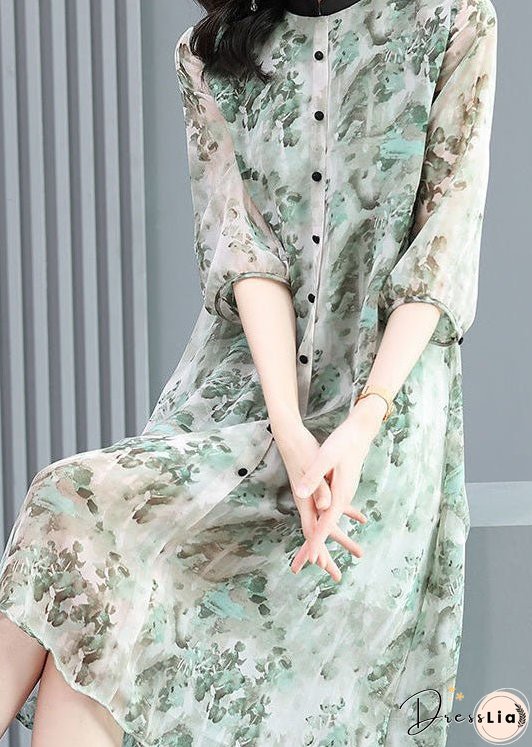 Vintage Grey Stand Collar Patchwork Print Silk Shirts Dress Spring