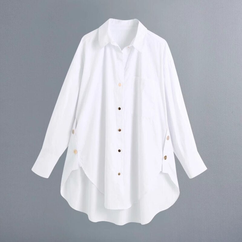 Women Button Decoration White Shirt Femme Turndown Collar Long Sleeve Blouse Casual Lady Loose Tops Blusas S8061