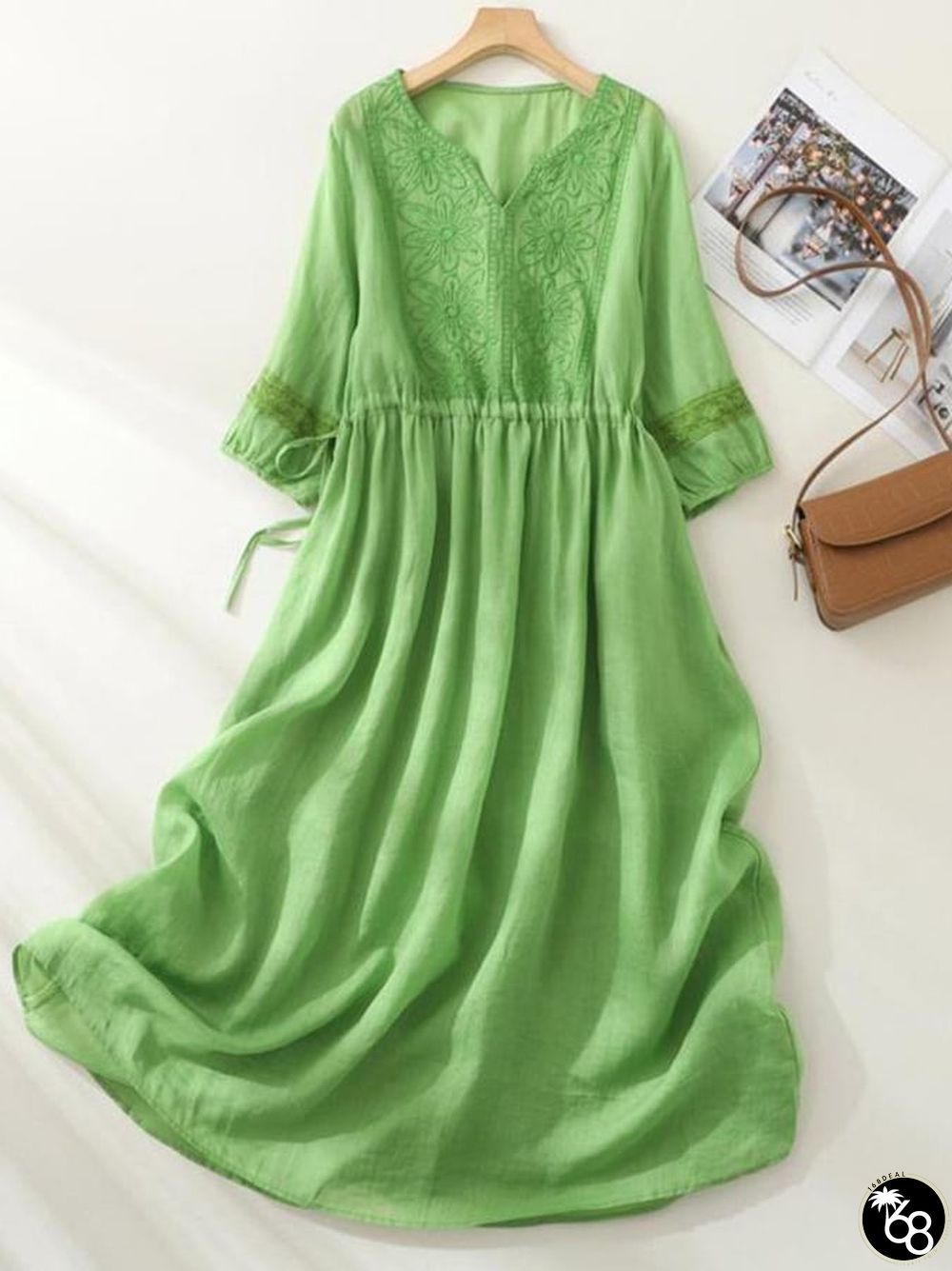 Embroidered V-Neck Lace Up Waist Up Dress | 168DEAL