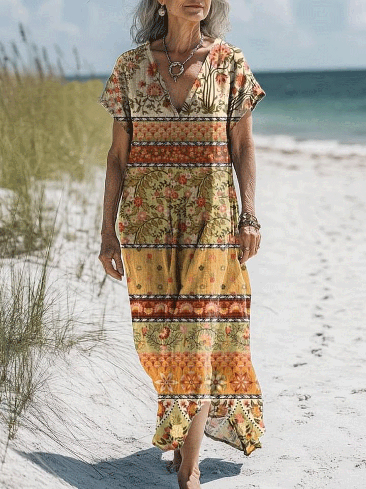 Women's Vintage Lovely Floral Art Print Pocket Cotton Dress