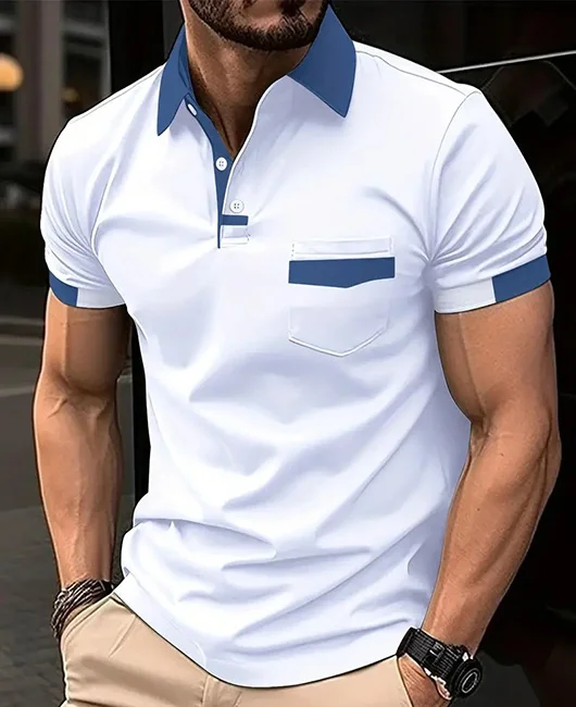Sporty Colorblock Pocket Short Sleeve Button Polo Shirt 