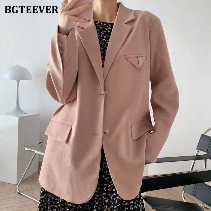 BGTEEVER Casual Loose Single-breasted Mint Green Women Suit Blazer 2021 Spring Elegant Notched Collar Full Sleeve Female Jackets