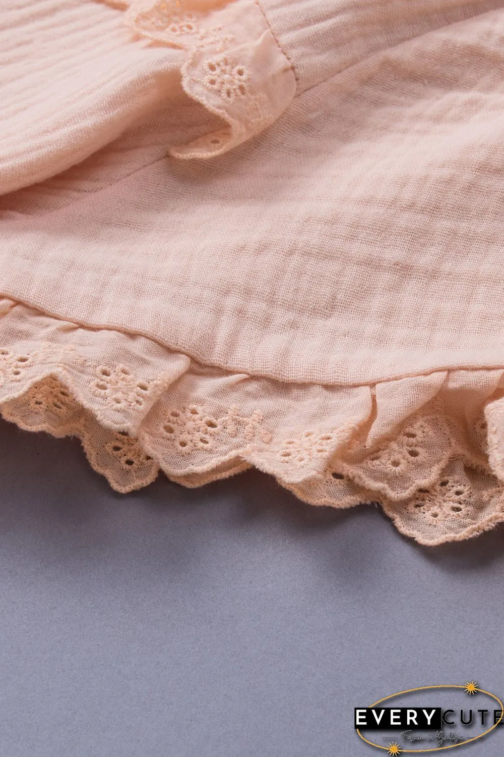 Pink Buttoned Lace Splicing Ruffle Textured Short Sleeve Shirt