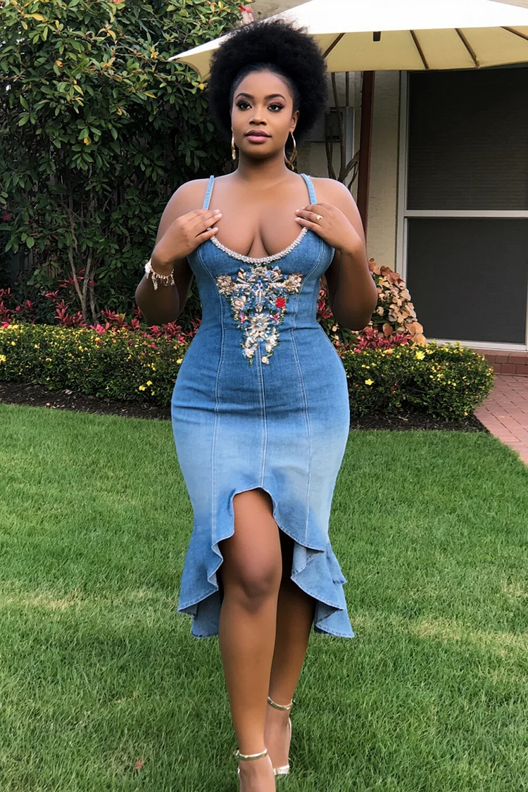 Floral Embroidery Washed Denim Slip Midi Mullet Dresses-Blue [Pre Order]