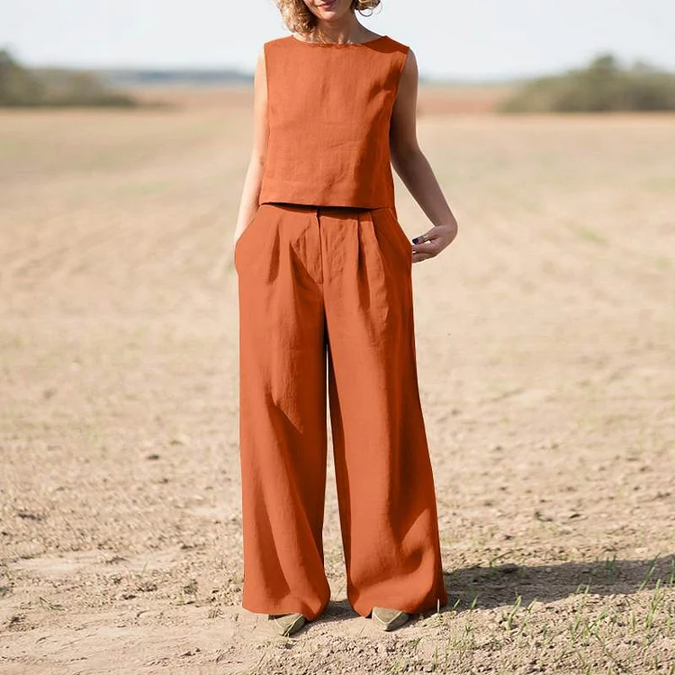 PASUXI Plus Size Women's Cotton Blend Casual Two - Piece Set Sleeveless Top and Wide & Leg Pants huanwei