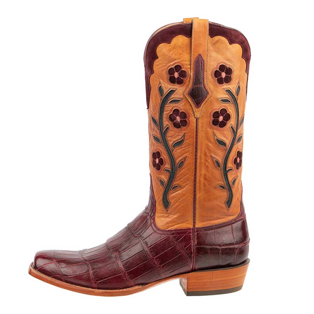 Maroon & Tan Croco Embossed Square Toe Floral Mid-Calf Cowgirl Boots Nicepairs