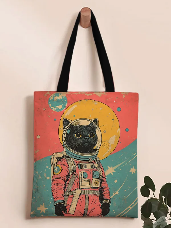 Women's Black Cat Astronaut Color Block Art Print Tote Shoulder Bag