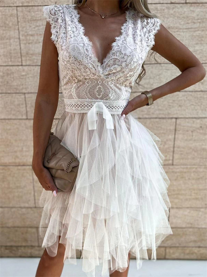 New Sexy V-neck Lace Stitching Dress Short Sleeve Fashion White Dresses