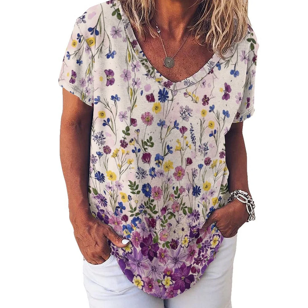 V-neck Short Sleeve Casual T-shirt for  Women Printed with Pattern Floral, Red, Colorful, Purple