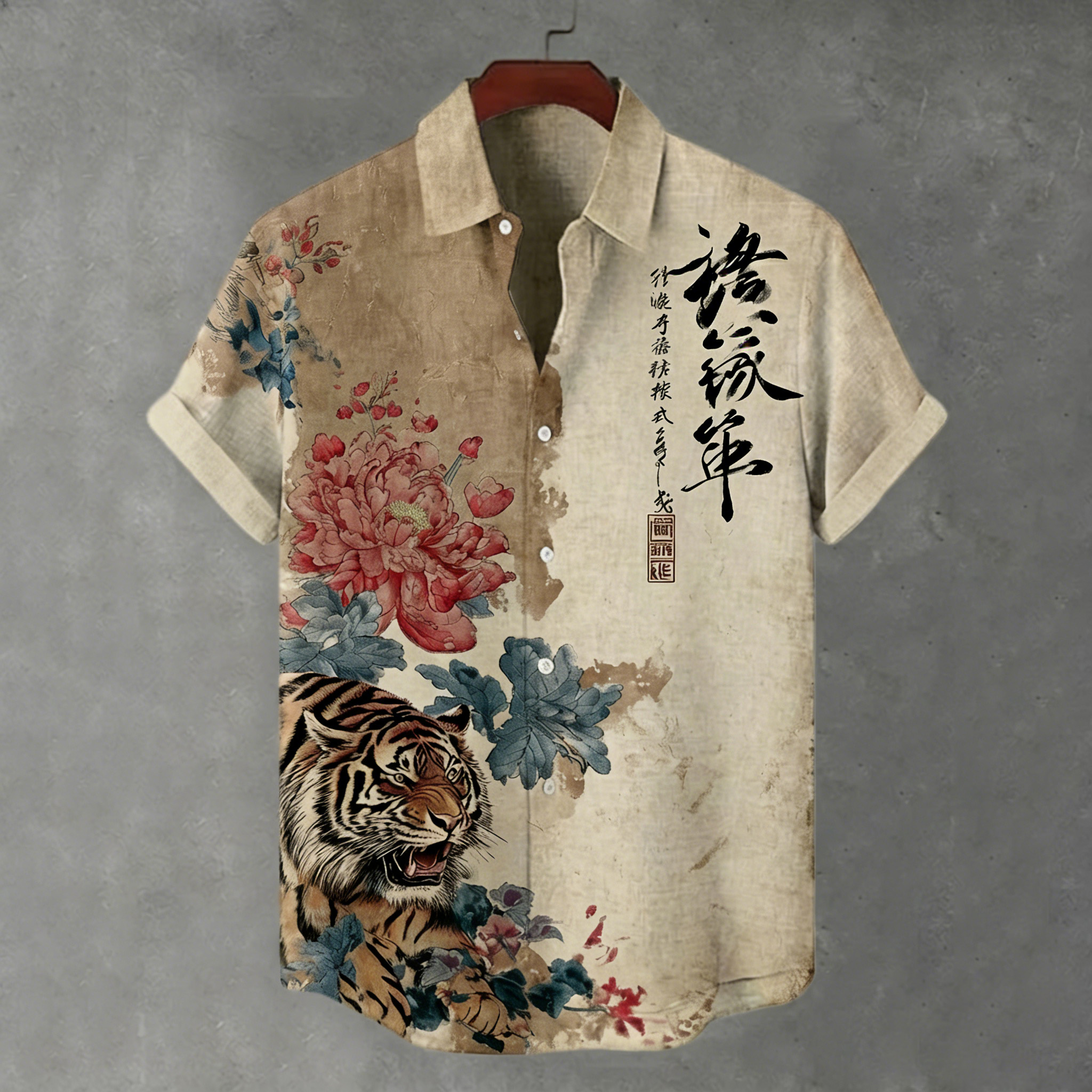 Men's Retro Japanese Style Tiger And Floral Print Short-sleeve Shirt elevenforest