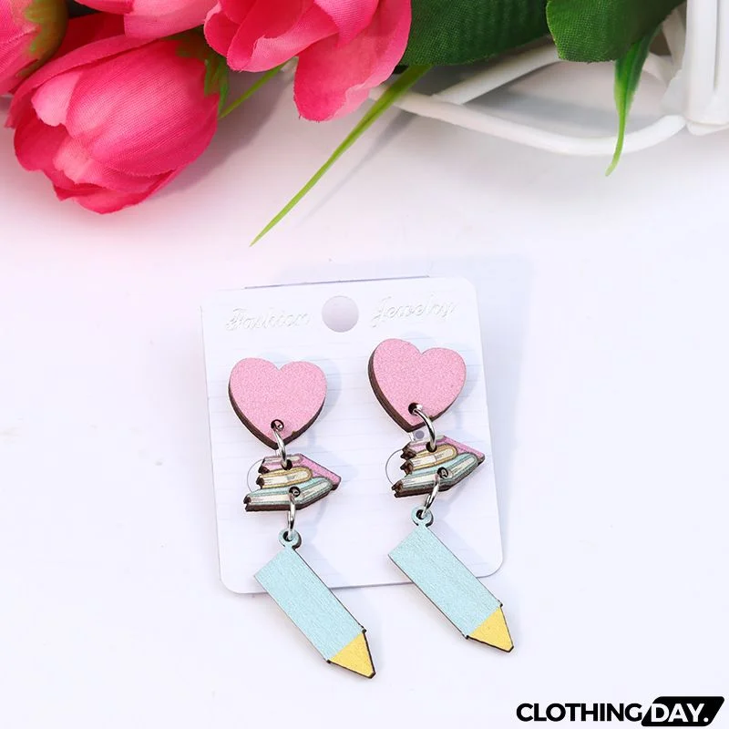 Women's Creative Fashion Wood Printing Pencil Stripe Heart Earrings