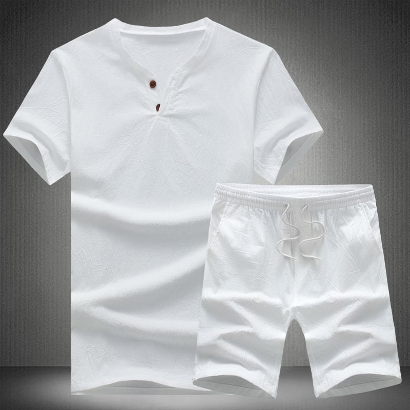 Plus-sized Solid Color Cotton Linen T-shirts+Shorts Sets For Men