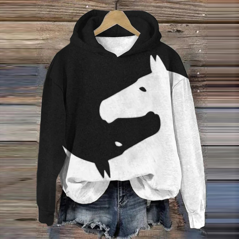  Women's Retro Western Two Horse Print Hoodie Westsshops