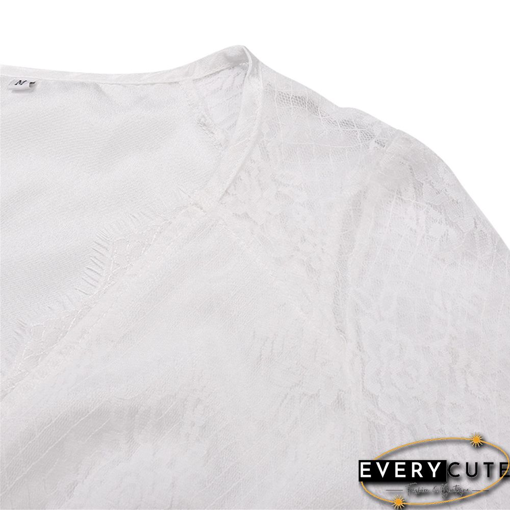 White Lace V Neck Long Sleeve Blouse
