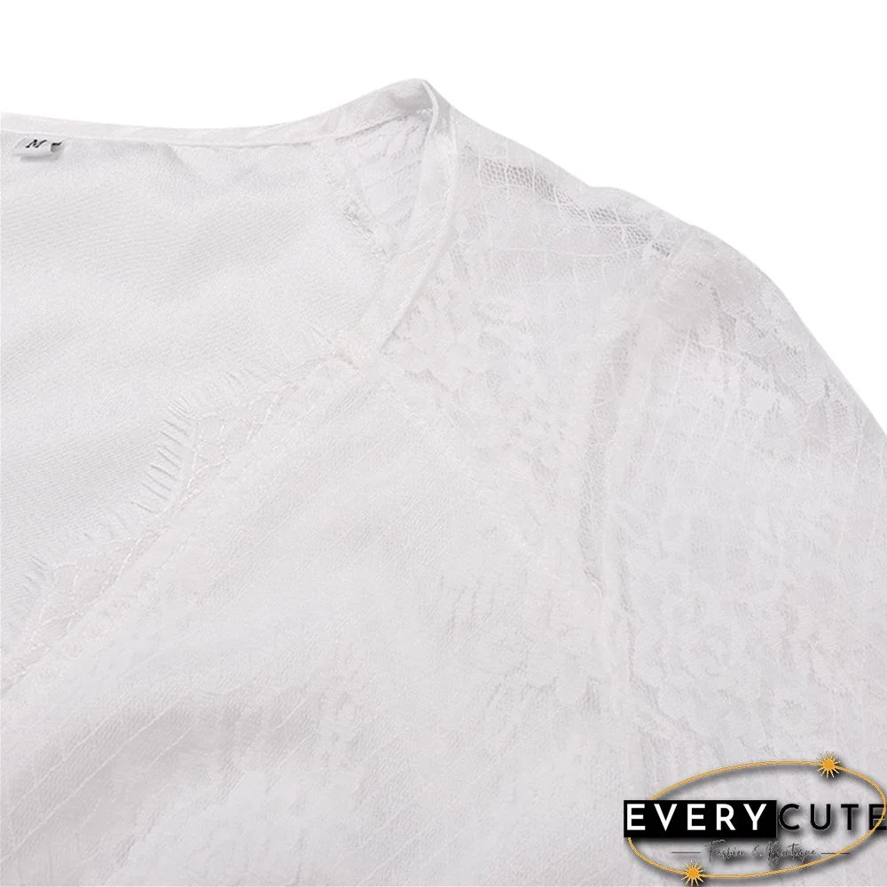 White Lace V Neck Long Sleeve Blouse
