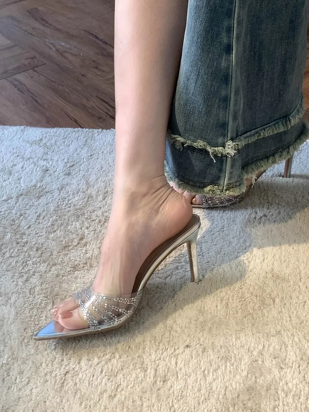 Breakj Breakj Summer New Toe Tip Drill Transparent PVC Word Drag Female Wear Fine And Silver High Heel Slippers