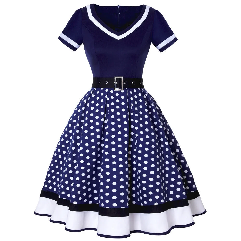 Uveng Cotton Pleated Skirt V-neck Dot Swing Dress