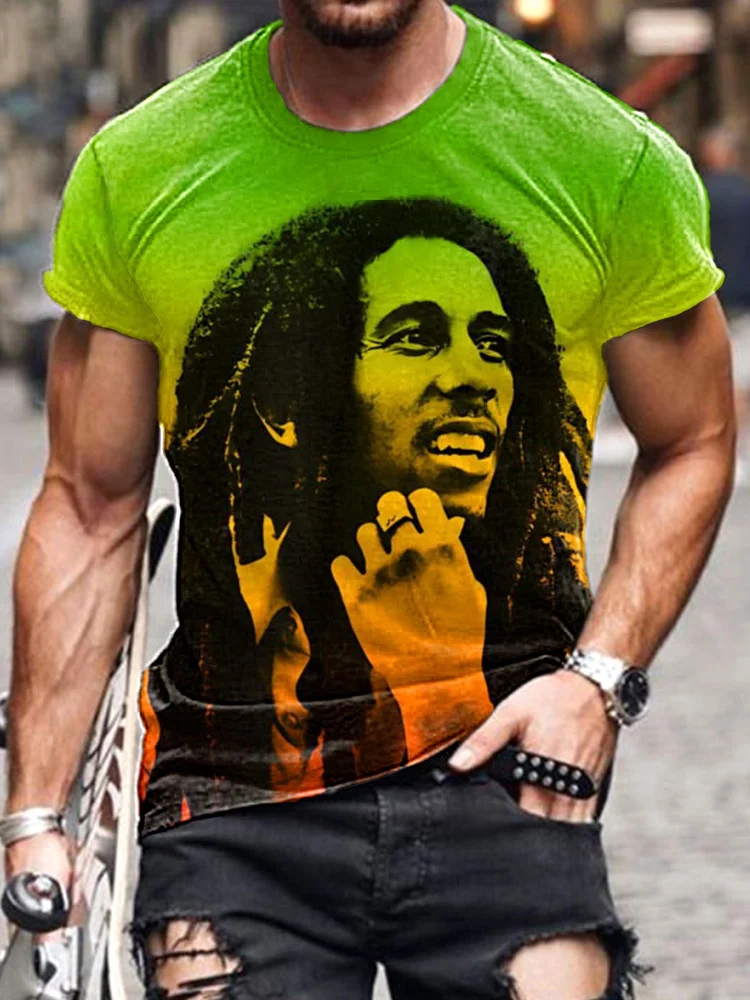 Simpfit Lässiges Baumwoll-T-Shirt mit Reggae-Bob-Marley-Print