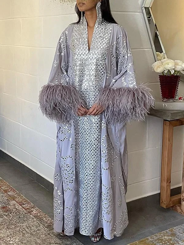 Elegant v neck printed fringe sleeve kaftan robee
