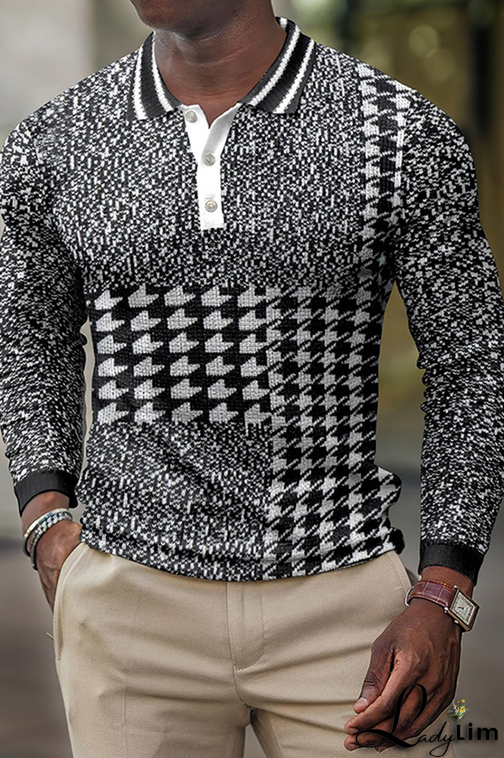 Black Fashion Casual Print Split Joint Buckle POLO collar Tops