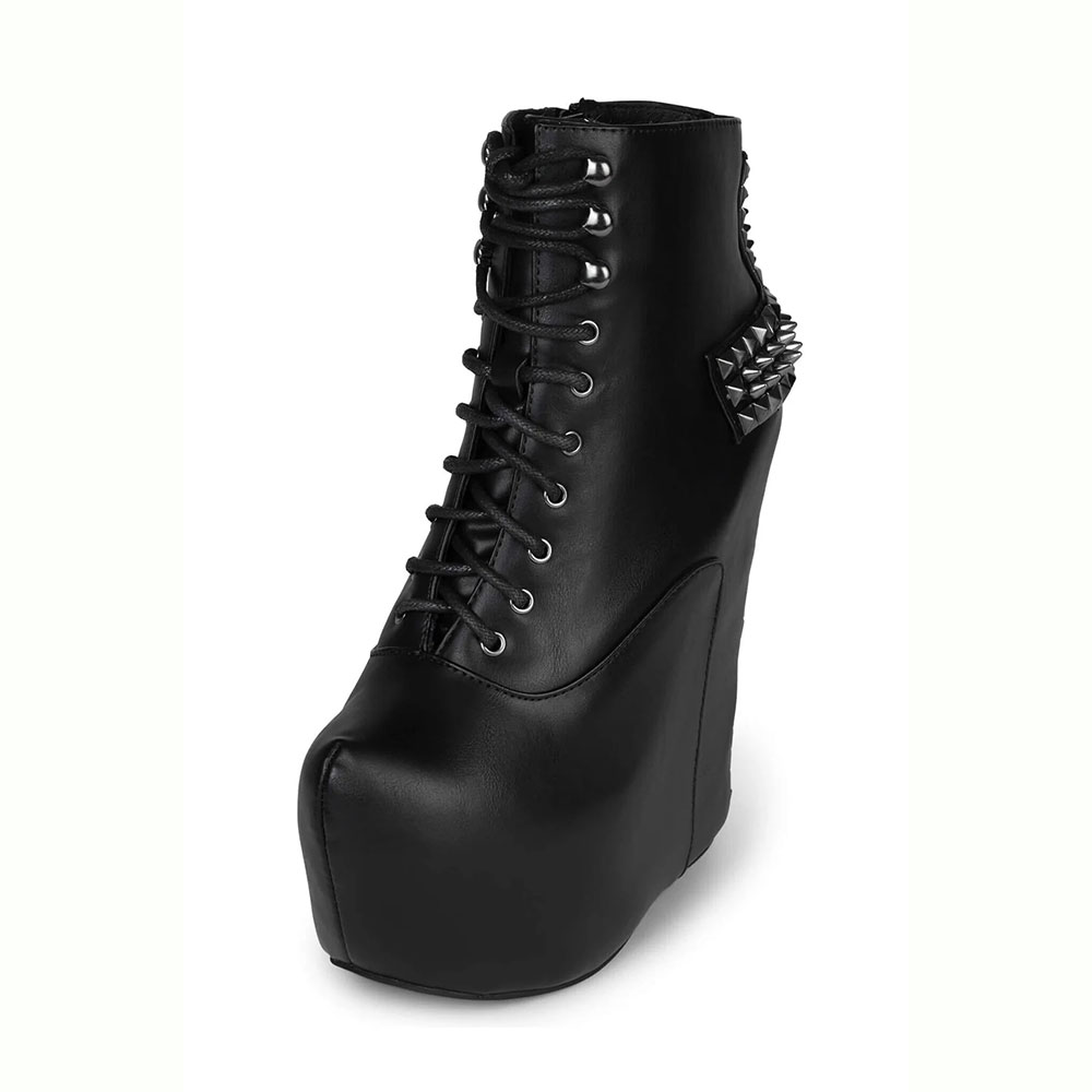 Lace-Up Rivets Closed Toe Wedge Heel Black Platform Boots Women Nicepairs