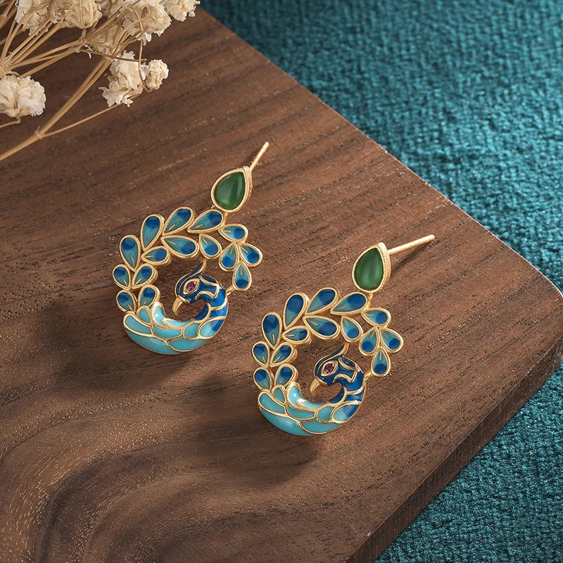 2023 Chinese Style Vintage Style Cheongsam Jewelry Exquisite Painted Gold Peacock Natural Jade Stud Earrings Perfect Gift For Her