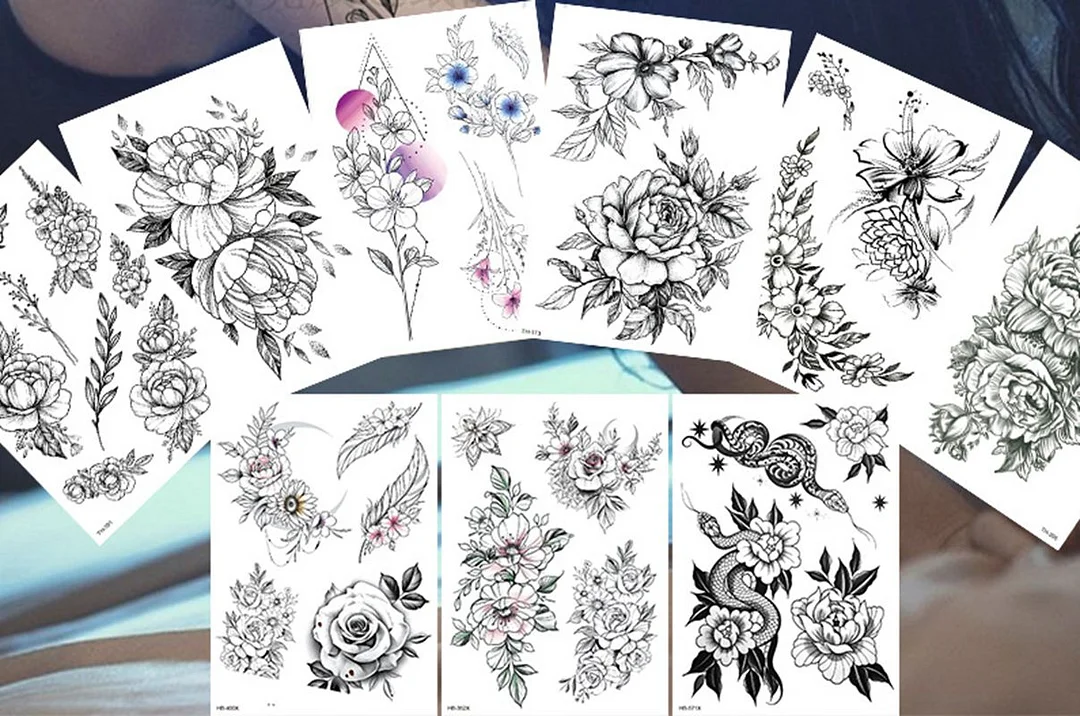 New Temporary Tattoos for Women Flower Sketch Tattoo Stickers Black and White Arm Art Snake Stickers Waterproof and Sweat Tattoo