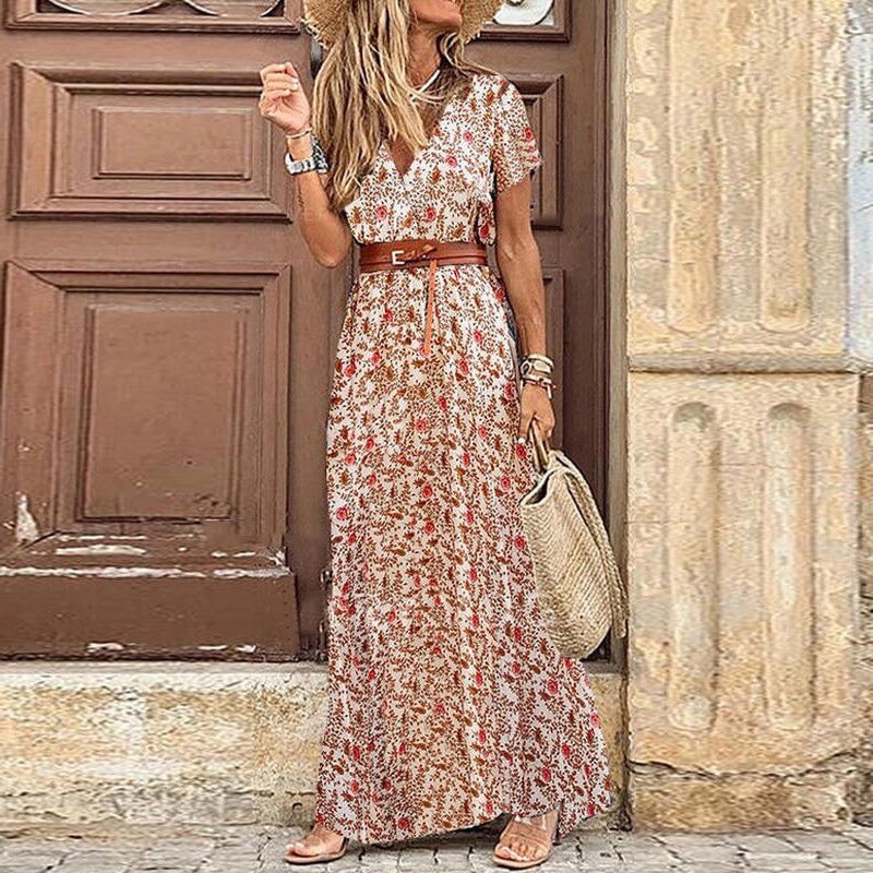 Summer Boho Long Dress Women Beach Floral Print Belted Maxi Dress Casual V-Neck Party Holiday Sundress Ladies Dress Plus Size