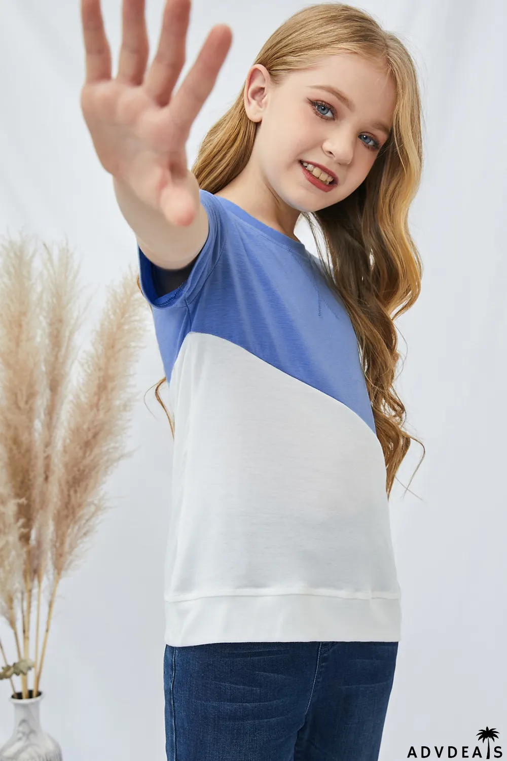Sky Blue Colorblock Splicing Little Girl Tee