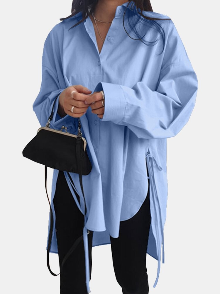 Solid Color Long Sleeve Side Slit Lace-up Irregular Shirt for Women