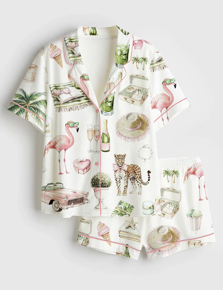 Women&rsquo;s Watercolor Palm Club Summer Miami Beach Vacation Print Short Sleeve Satin Pajama Set