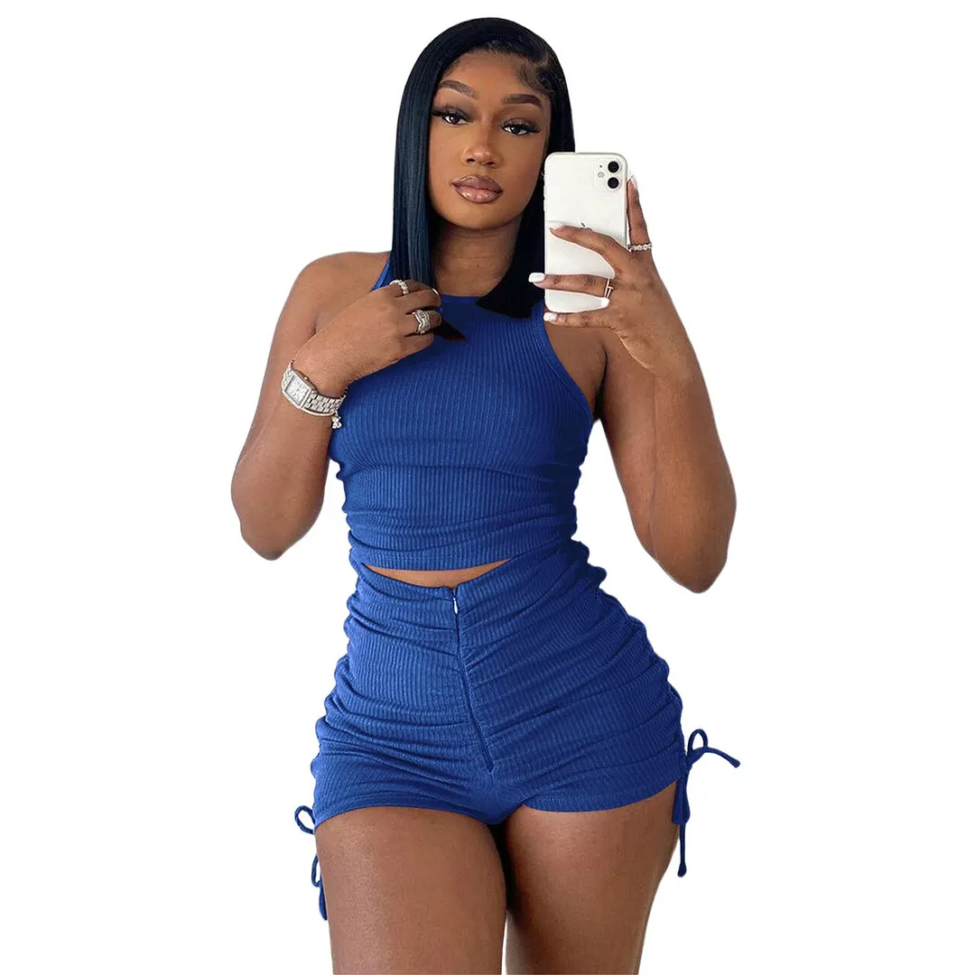 Women Summer Shorts Sets Casual Solid Color Two Pieces Ribbed Sports Suits Sleeveless Crop Tank Tops High Waist Zip Shorts