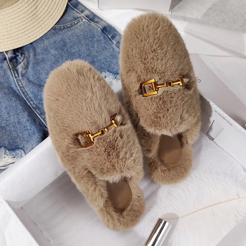 Women Mules Fur Slippers Home Winter Shoes Plush Female Fashion Warm Comfort Couple Flats Shoe Ladies Plus Size Elegant Luxury