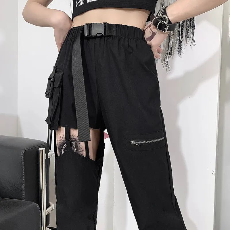 InsGoth Goth Black Cargo Pants Punk Streetwear Hollow Out Big Pocket Trousers Harajuku Grunge High Waist Buckle Zipper Pants