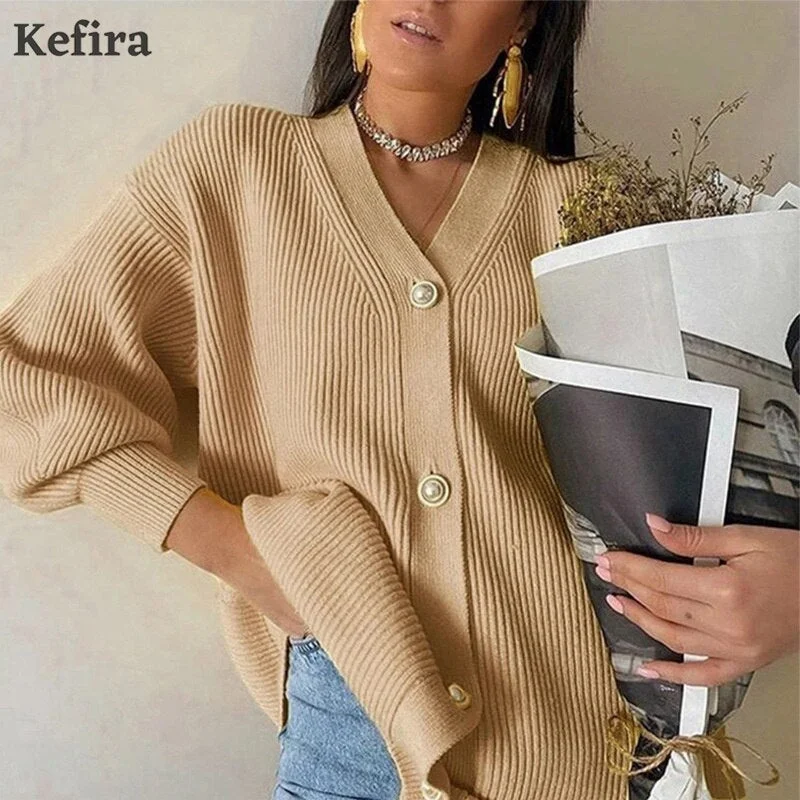 Kefira 2021 V Neck Cardigan For Women Knitted Long Sleeve Sweater Oversize Cardigan Autumn Winter Button Loose Casual Jumper