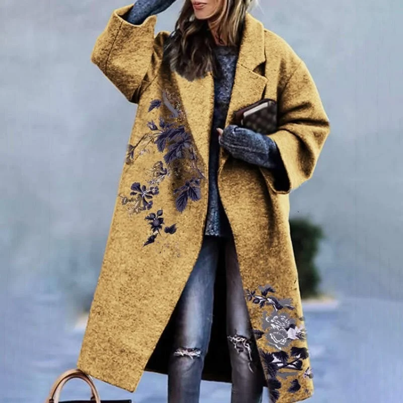 Brownm Brownm New 2025 Autumn Women's Long-Sleeved Collar Coat Prints The Long Coat