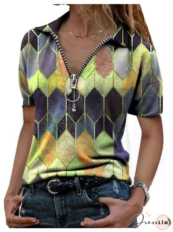 Printed Zip T-Shirt Lapel Short Sleeve T-Shirt