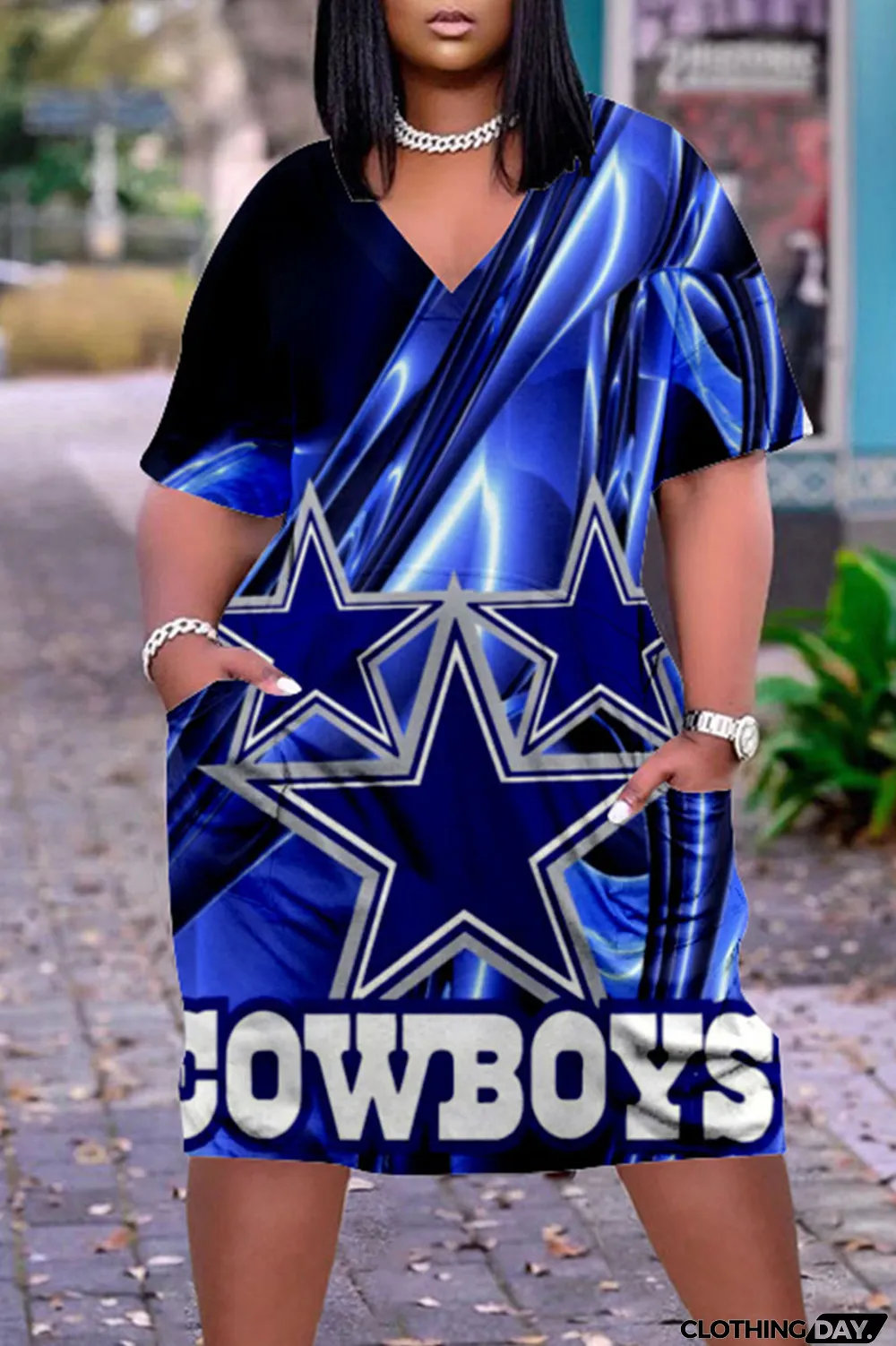 Blue White Casual Print Patchwork V Neck Straight Dresses