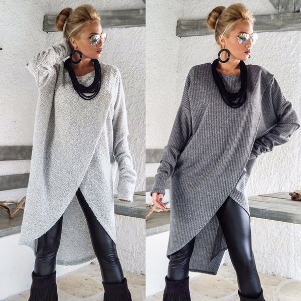Ladies Plus Size S-5XL Long Sleeve Pullover Front Slit Knitted Blouse Tops Sweaters - Shop Trendy Women's Fashion | TeeYours