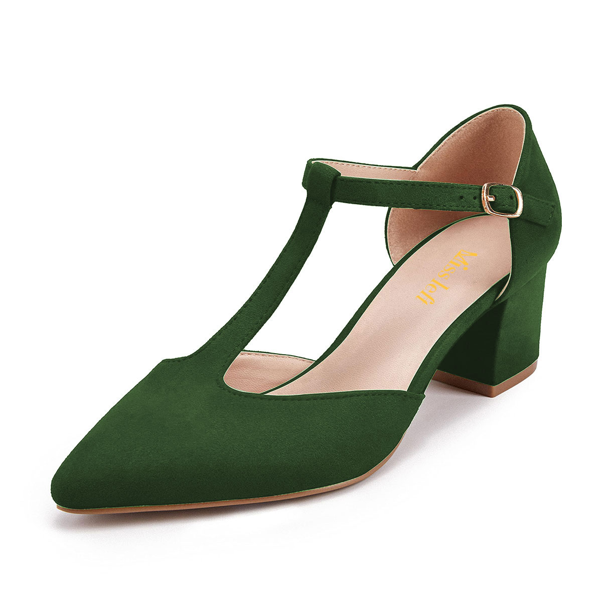 T-Strap Pointed Toe Block Heel Buckle Pumps for Women in Green Nicepairs