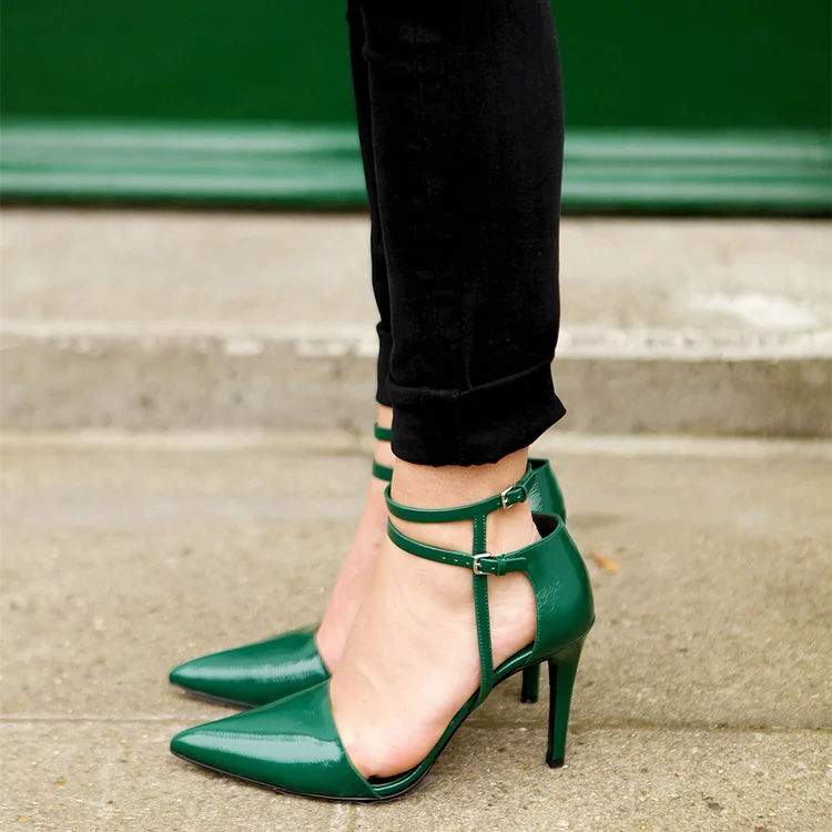 Women's Green Vintage Ankle Strap Heels Pointed Toe Pumps |FSJ Shoes