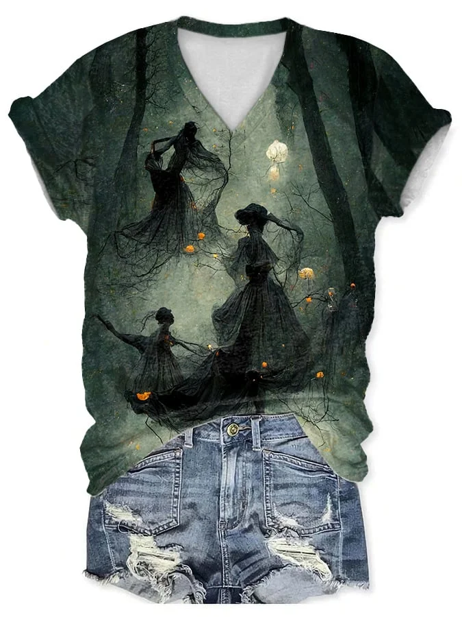Women's Dancing Forest Witches Short Sleeve V Neck T-Shirt