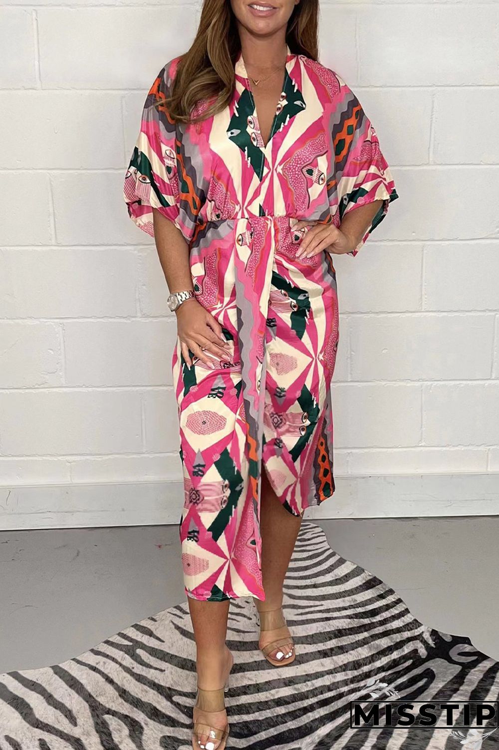 Colour Casual Geometric Print Patchwork V Neck Shirt Dress Dresses