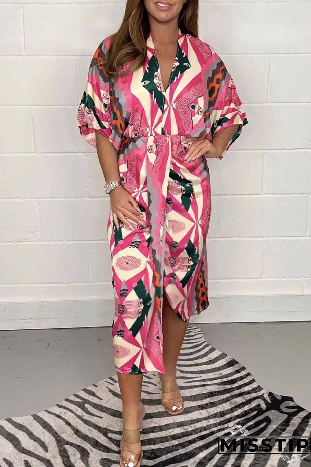 Colour Casual Geometric Print Patchwork V Neck Shirt Dress Dresses