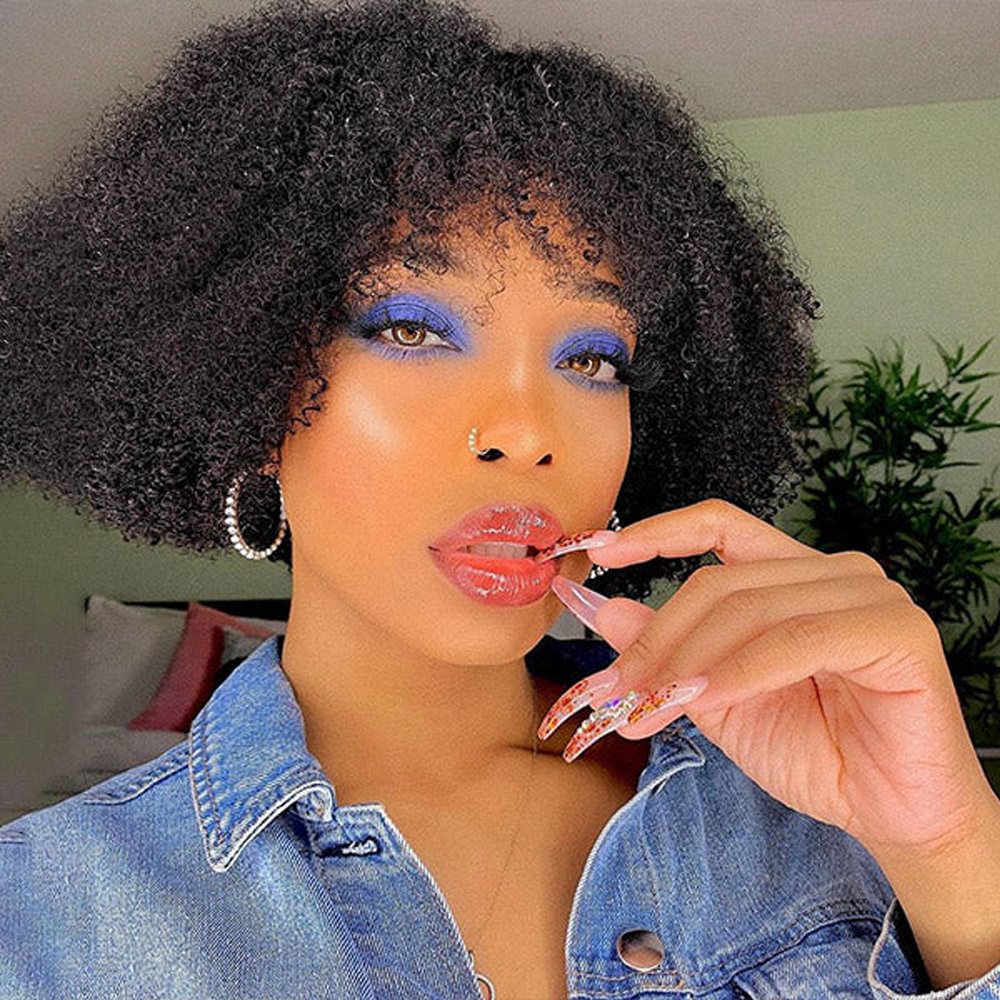 Short Curly Wig With Bangs Glueless Machine Made 220% Density Brazilian Remy Human Hair Afro Kinky Curly Wigs for Black Women US Mall Lifes