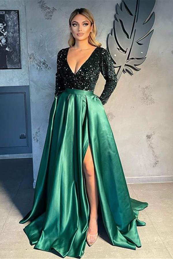 Gorgeous Long Sleeves V-Neck Prom Dress Sequins Party Gowns With Slit - lulusllly