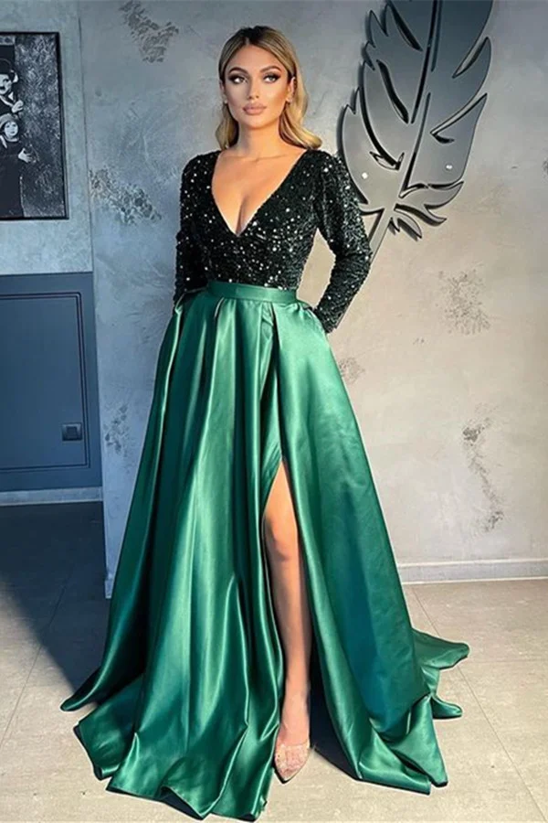 Luluslly Long Sleeves V-Neck Evening Dress Sequins Party Gowns With Slit